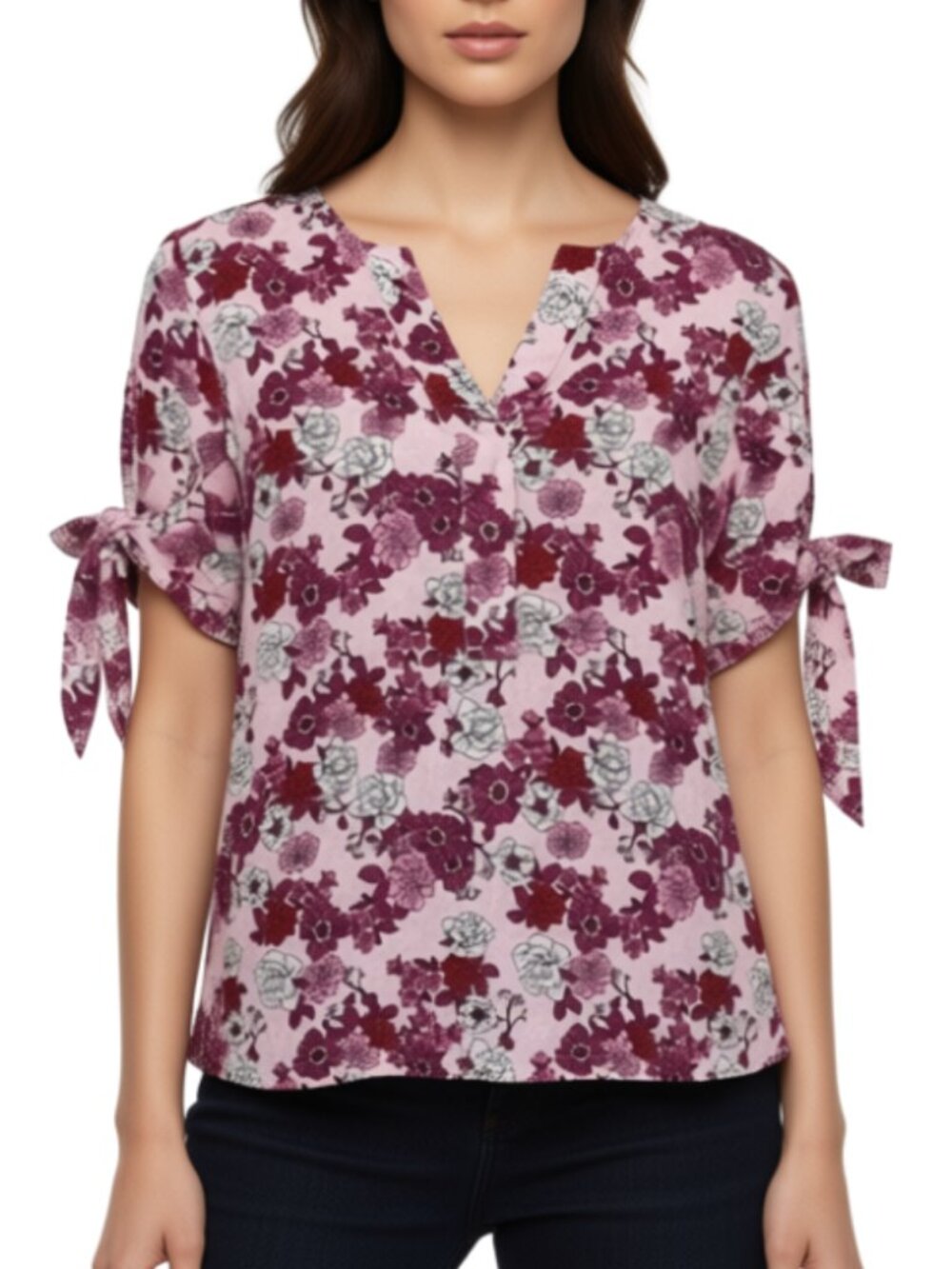Charter Club 100% Linen Pink Floral Popover Tie Sleeve Blouse Women's Small
